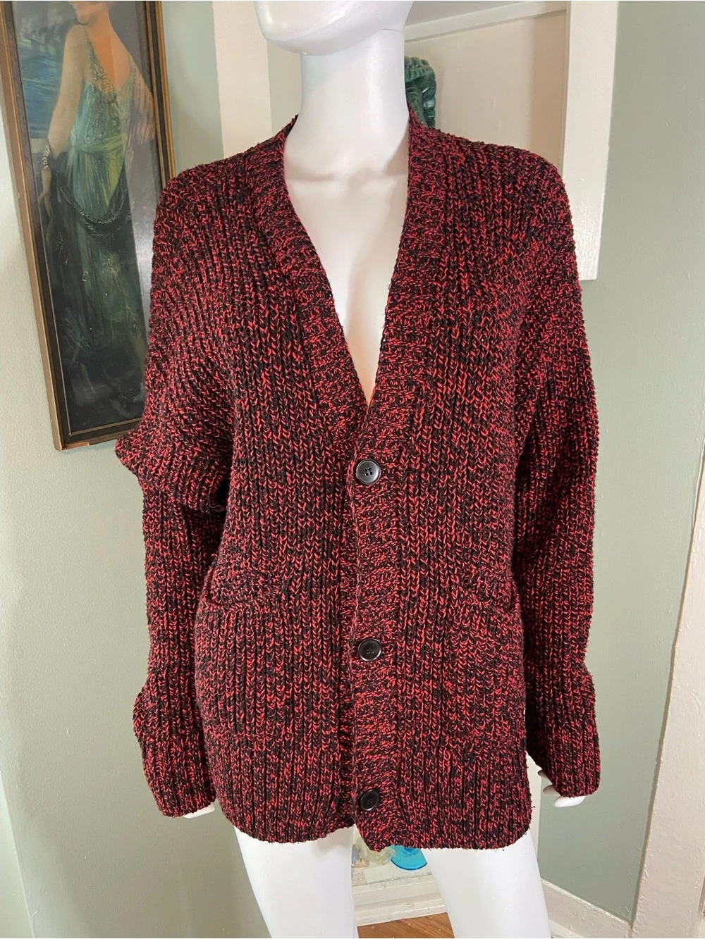 Zara Chunky Marled Space Dyed Red-Black Cardigan Sweater Oversized Medium M - Picture 1 of 10